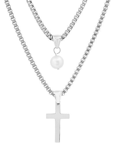 Anthony Jacobs 18k Plated Stainless Steel Cross & Pearl Pendant Layered Necklace - Metallic
