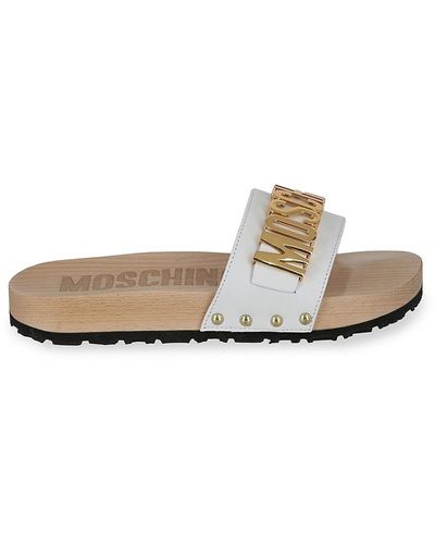 Moschino Logo Leather Wood Sole Slides - White