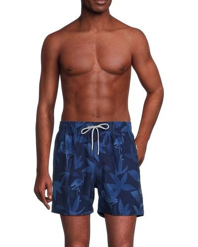 Vintage Summer Print Drawstring Swim Shorts - Blue