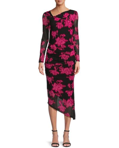 Calvin Klein Floral Ruched Asymmetric Midi Dress - Red