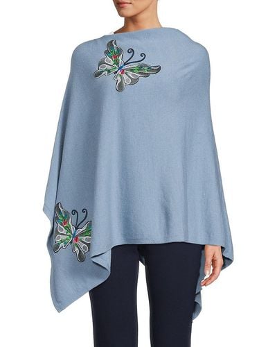 La Fiorentina Butterfly Embroidered Knit Poncho - Blue