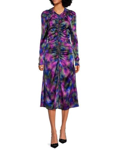 Ganni Print Ruched Silk Blend Midi Dress - Purple