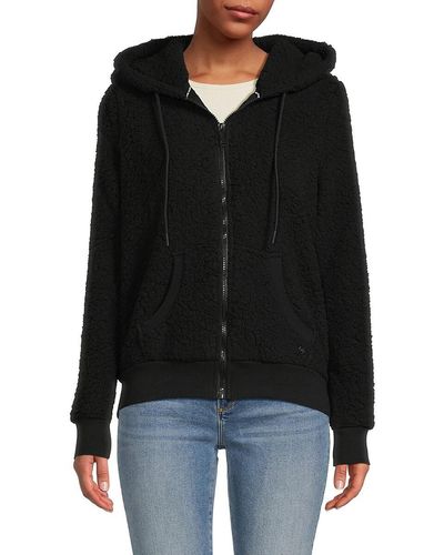 Andrew Marc Faux Shearling Zip Front Hoodie - Black
