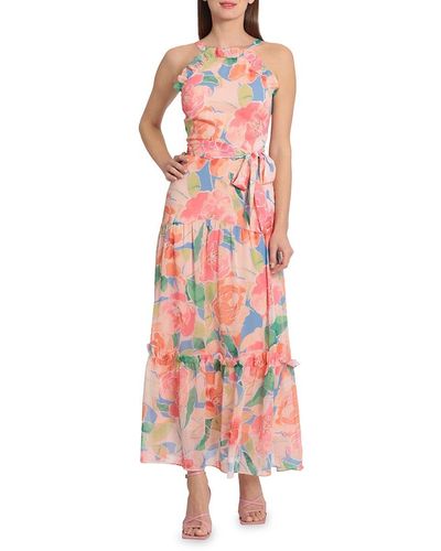 Maggy London Floral Ruffle Halter Tiered Maxi Dress