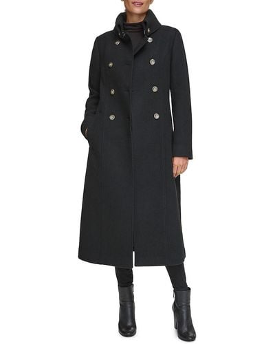 Guess Stand Collar Double Breasted Wool Blend Coat - Black