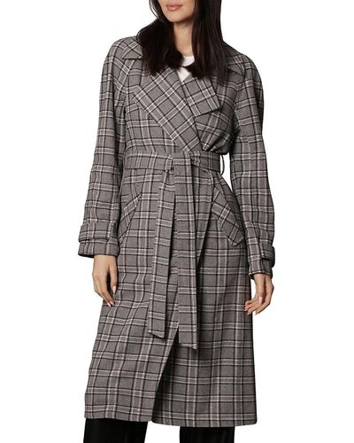 Avec Les Filles Relaxed Fit Plaid Wool Blend Belted Trench Coat - Grey