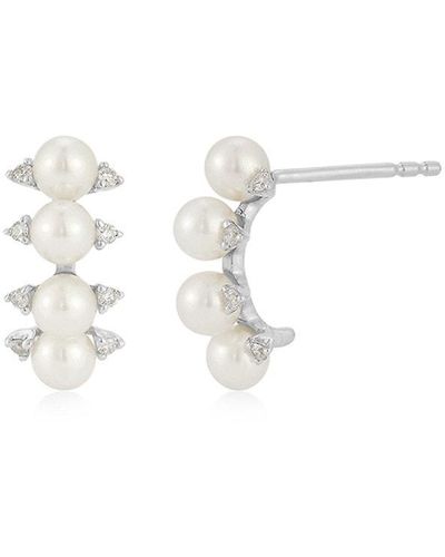 EF Collection Core 14k White Gold, 3mm Pearl & Diamond Arc Stud Earrings