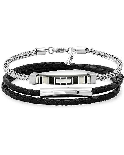 Hickey Freeman 2-Piece Stainless Steel & Leather Bracelet Set - Black