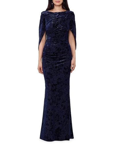 Betsy & Adam Floral Burnout Velvet Cape Gown - Blue