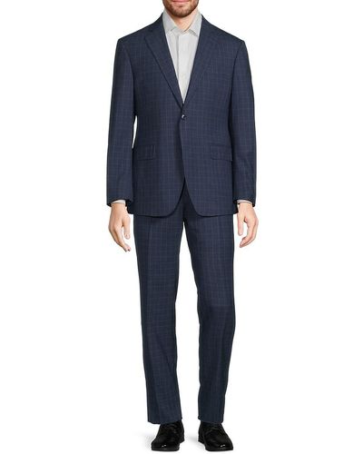 Saks Fifth Avenue Modern Fit Plaid Wool Suit - Blue