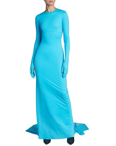 Balenciaga Long Glove-sleeve Stretch Gown - Blue