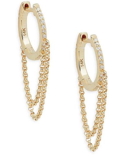 Saks Fifth Avenue Saks Fifth Avenue 14k Yellow Gold & 0.054 Tcw Diamond Chain Huggie Earrings - White