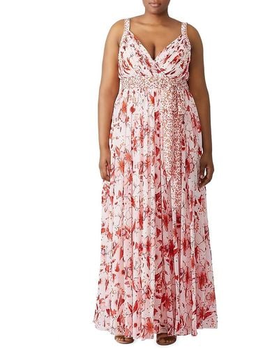 Badgley Mischka Floral Pleated Maxi Dress - Red