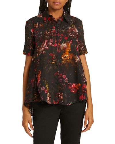 Adam Lippes Floral High Low Trapeze Shirt - Black