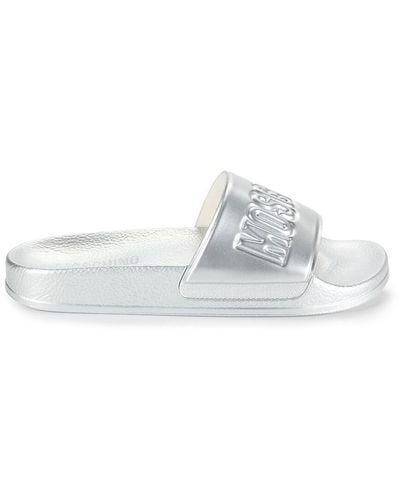 Moschino Logo Metallic Slides - White