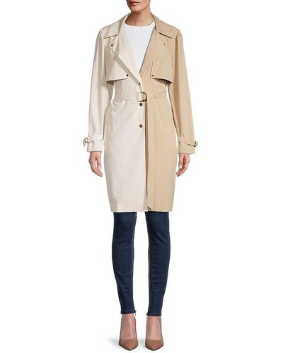 H Halston Colorblock Belted Trench Coat - White
