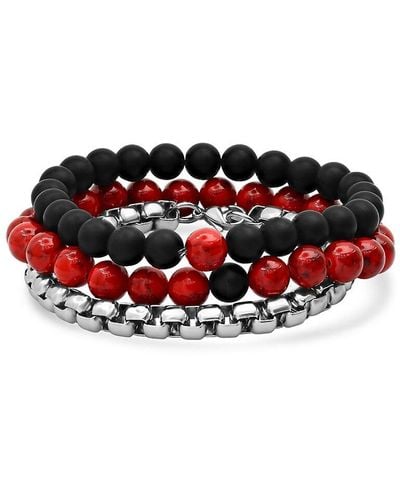 Anthony Jacobs 3-piece Stainless Steel, Black Lava & Red Agate Bracelet Set