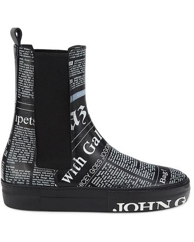 John Galliano Gazette Print Leather Chelsea Boots - Black