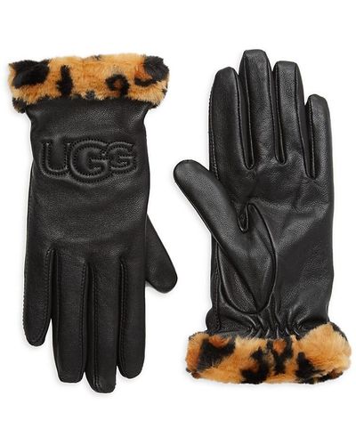 UGG Logo Leather & Faux Fur Cuff Gloves - Black