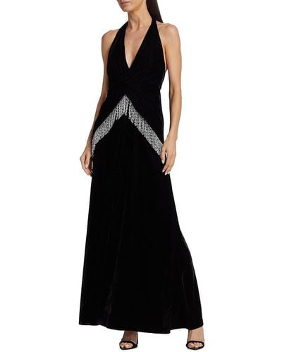 PATBO Bead-fringe Plunge Velvet Gown - Black