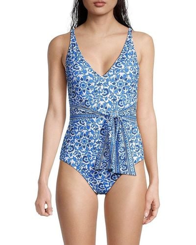 Vineyard Vines Floral Belted One Piece Swimsuit - Blue