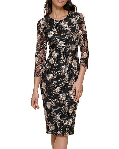 Kensie Floral Lace Midi Sheath Dress - Black