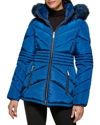 Guess Faux Fur Trim & Lined Hooded Puffer Jacket - Blue