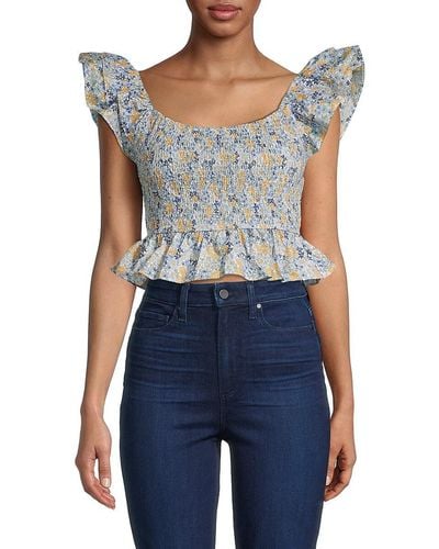 JACQUIE THE LABEL Floral Smocked Crop Top - Blue