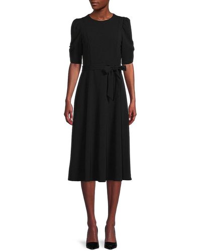 DKNY Ruched-Sleeve Midi A-Line Dress - Black