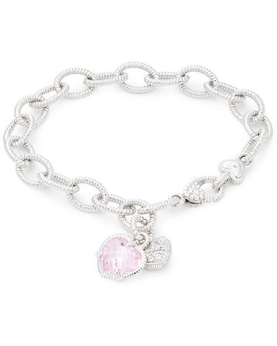Judith Ripka Sterling Silver, Pink Crystal & White Topaz Heart Charm Bracelet