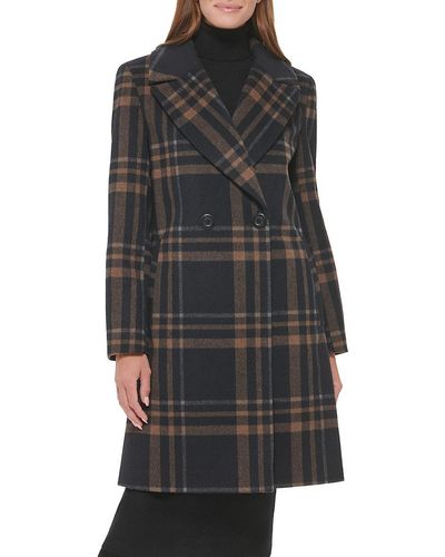 Calvin Klein Double Breasted Plaid Coat - Black