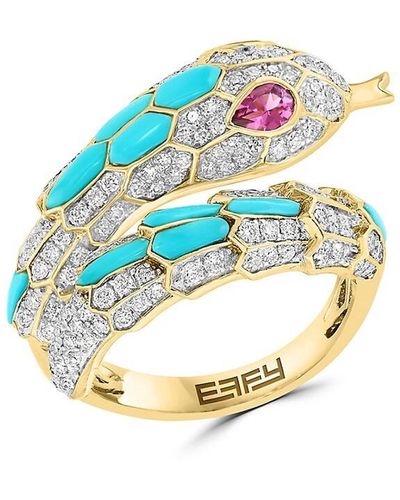 Effy 14k Yellow Gold, Turquoise, Pink Tourmaline & Diamond Snake Ring - Blue