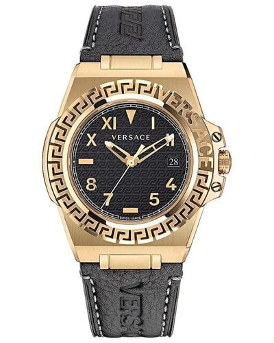 Versace Greca Reaction 44mm Ip Yellow Gold Stainless Steel Case & Leather Strap Watch - Multicolour