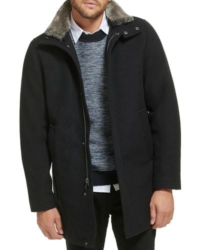 Calvin Klein Urban Walking Faux Fur Trim Wool Blend Overcoat - Black