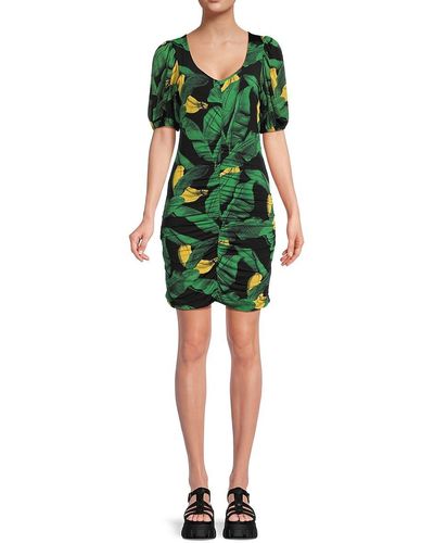 Ganni Leaf Print Bodycon Mini Dress - Green