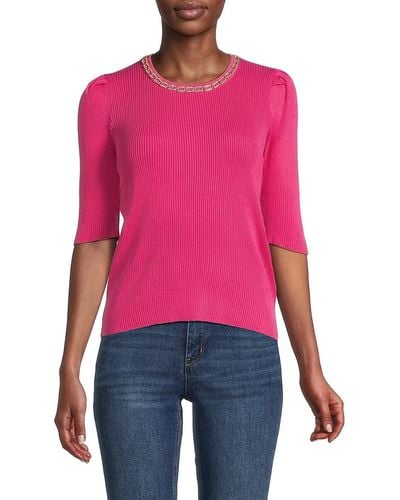 Nanette Lepore Jewelneck Ribbed Sweater - Red