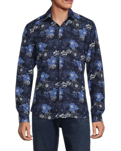 Jared Lang 'Floral Cotton Button Down Shirt - Blue