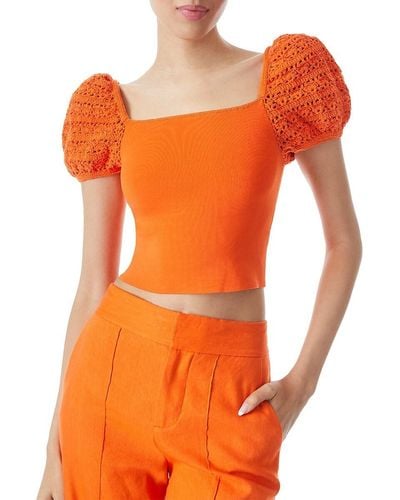 Alice + Olivia Caley Crochet Puff Sleeve Top - Orange
