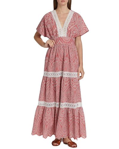 Elie Tahari Lace Trimmed Tiered Eyelet Maxi Dress - Pink