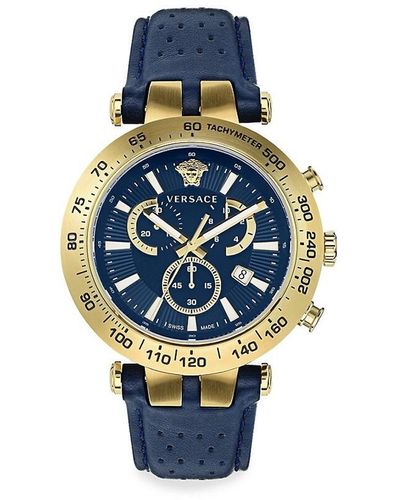 Versace Bold Chrono 46Mm Ip & Leather Strap Watch - Blue