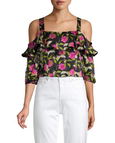 MILLY Small Calla Lily Print On Chiffon Audrey Ruffle Crop Top - Multicolour