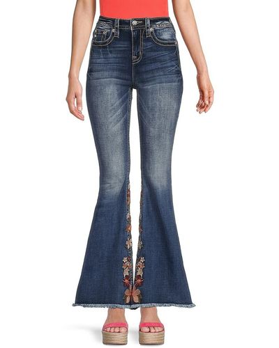 Miss Me High Rise Floral Embroidery Flared Jeans - Blue