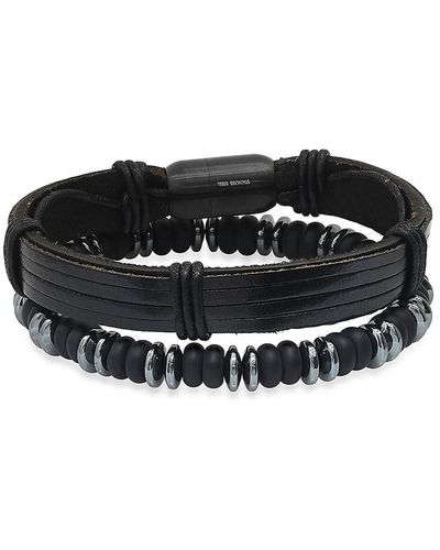Anthony Jacobs 2-piece Ion-plated Stainless Steel, Hematite & Lava Bead Bracelet Set - Black