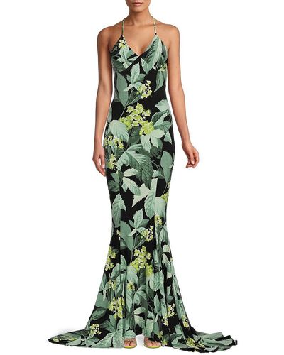 Norma Kamali Floral Print Open Back Trumpet Gown - Green