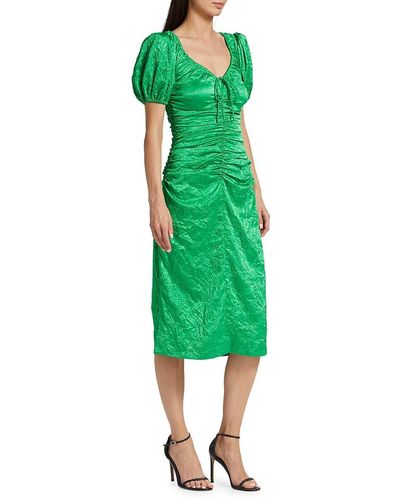 Ganni Ruched Satin Midi Dress - Green