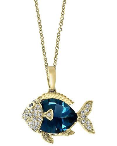 Effy 14k Yellow Gold, London Blue Topaz, White & Black Diamond Fish Pendant Necklace