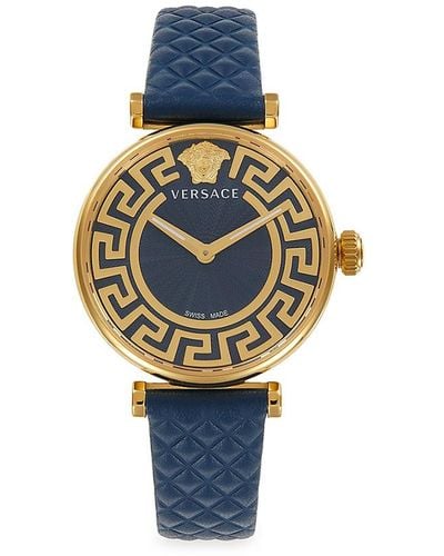 Versace Greca Chic 35Mm Ip Goldtone Stainless Steel & Leather Strap Watch - Blue
