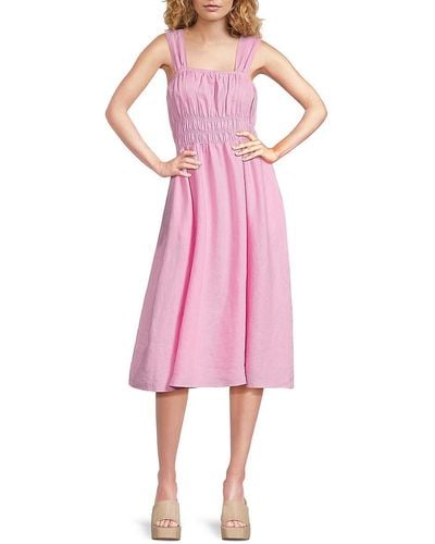 Saks Fifth Avenue Smocked 100% Linen Midi Dress - Pink