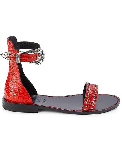 Zadig & Voltaire Ever Alta Croc Embossed Leather Ankle Loop Flat Sandals - Red