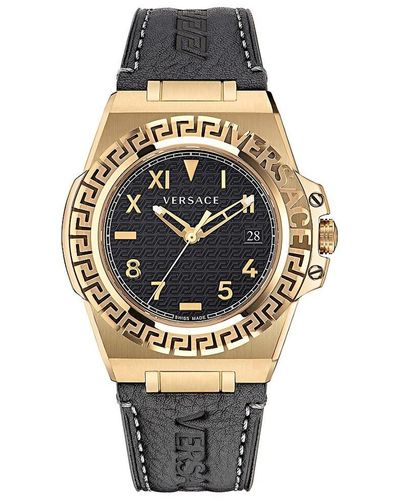 Versace Greca Reaction 44mm Ip Yellow Gold Stainless Steel Case & Leather Strap Watch - Multicolor